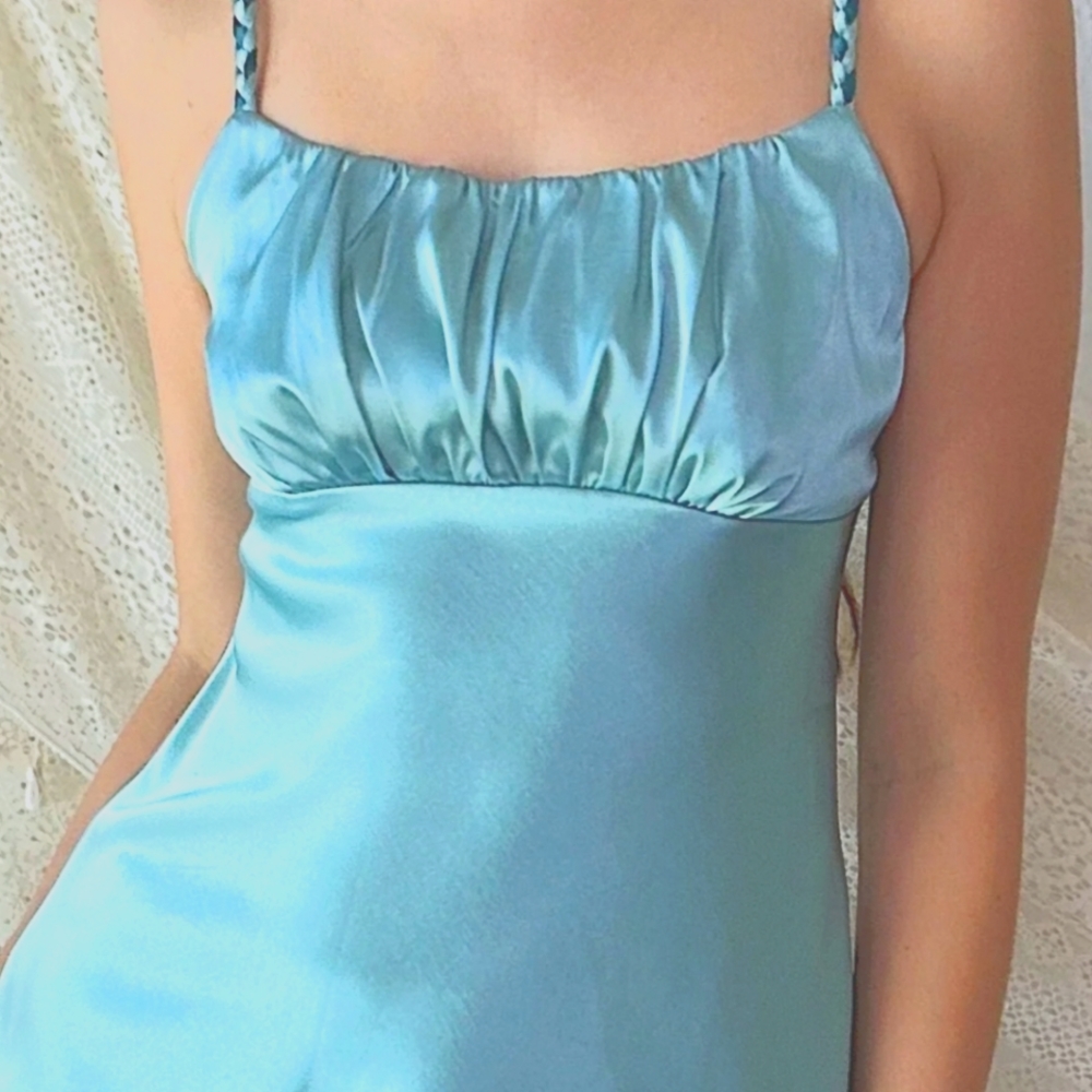 (S)🩵Silk & Satin Futura Aqua Blue Slip🩵  Ptp14"×L34"